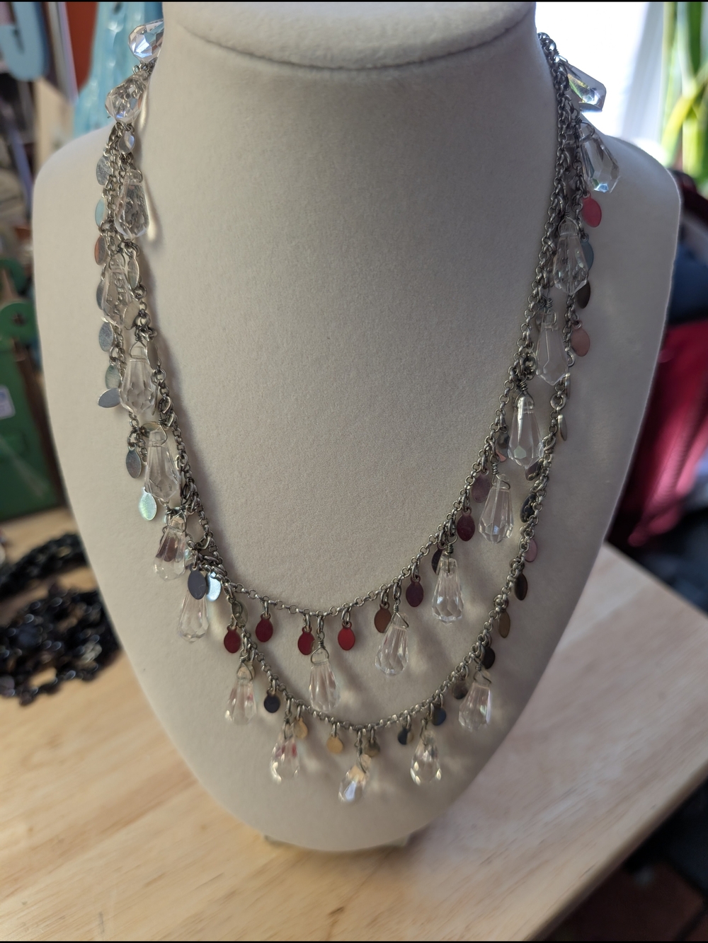Silver-Tone Multi-Dangle Crystal & Disc Necklace in Clear and Pink
